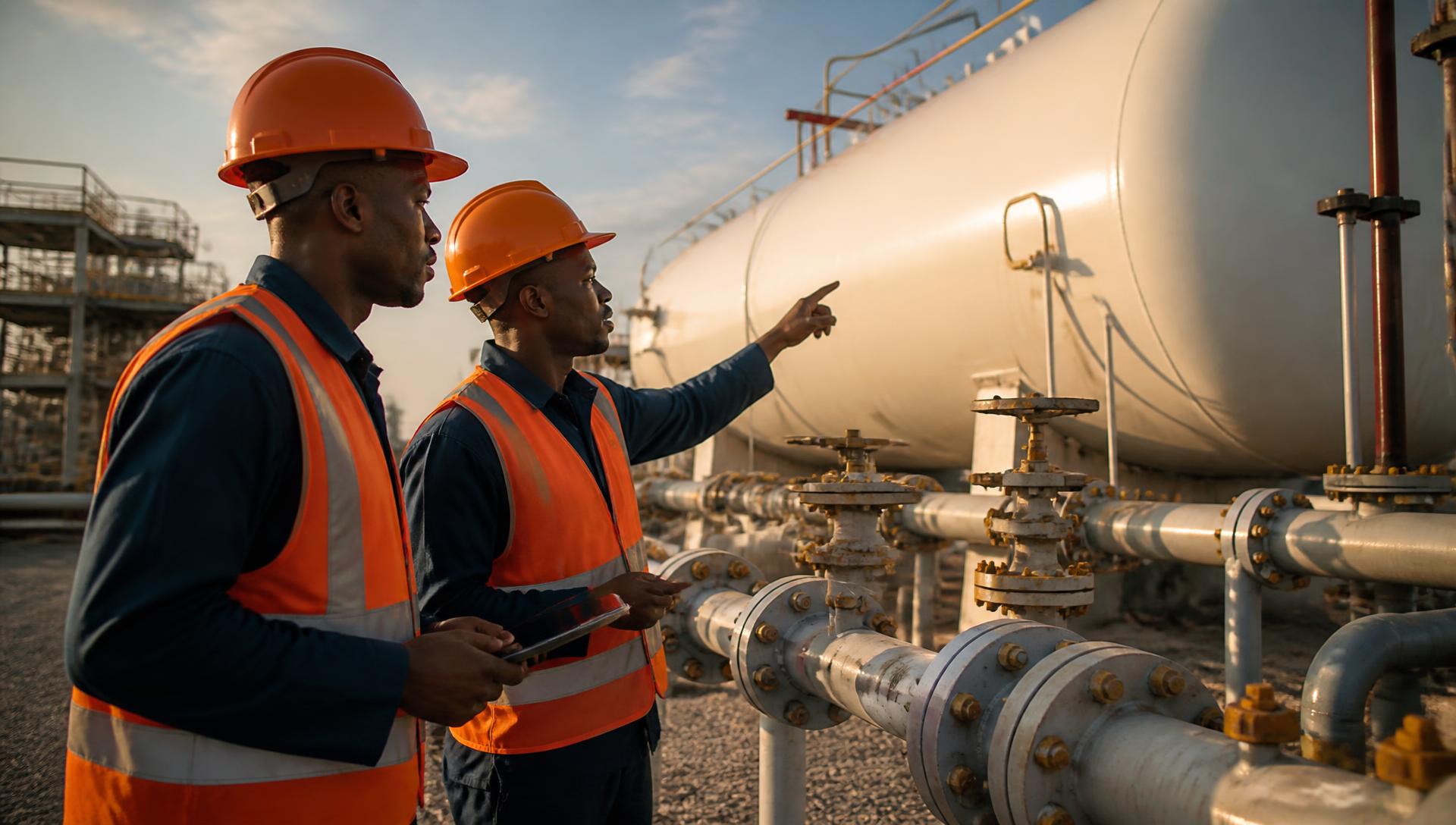 Excello engineers inspecting an aboveground LPG bulk storage tank and pipework on site in Ghana