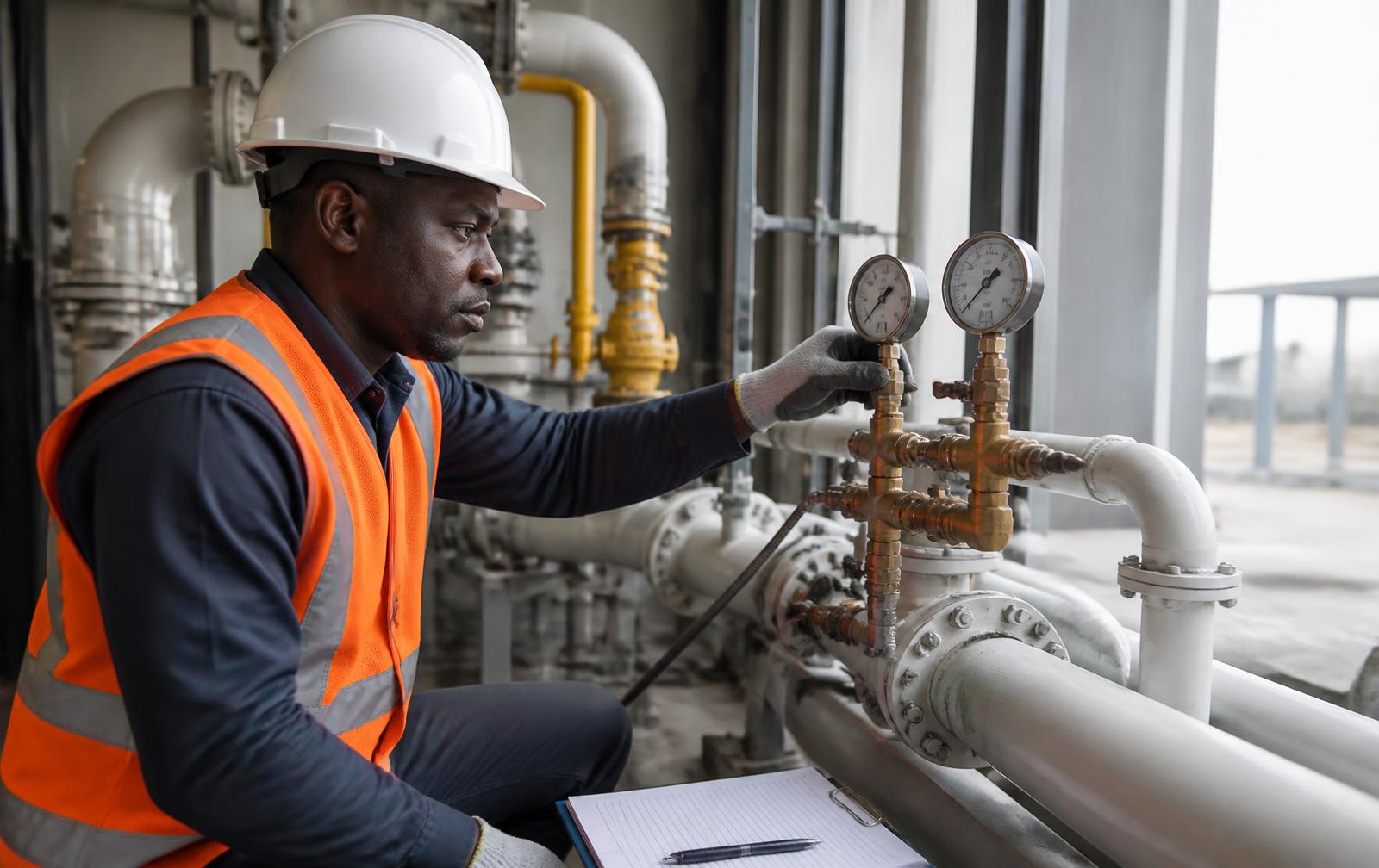 Excello engineer pressure testing gas pipework and recording the result in a plant room